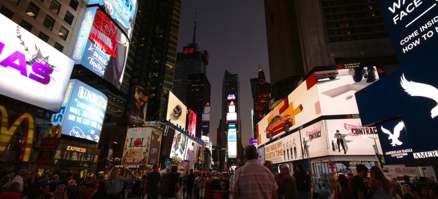 Times Square at night.